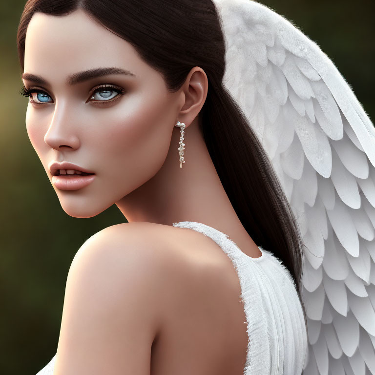 Digital artwork of woman with angel wings and blue eyes on soft-focus background