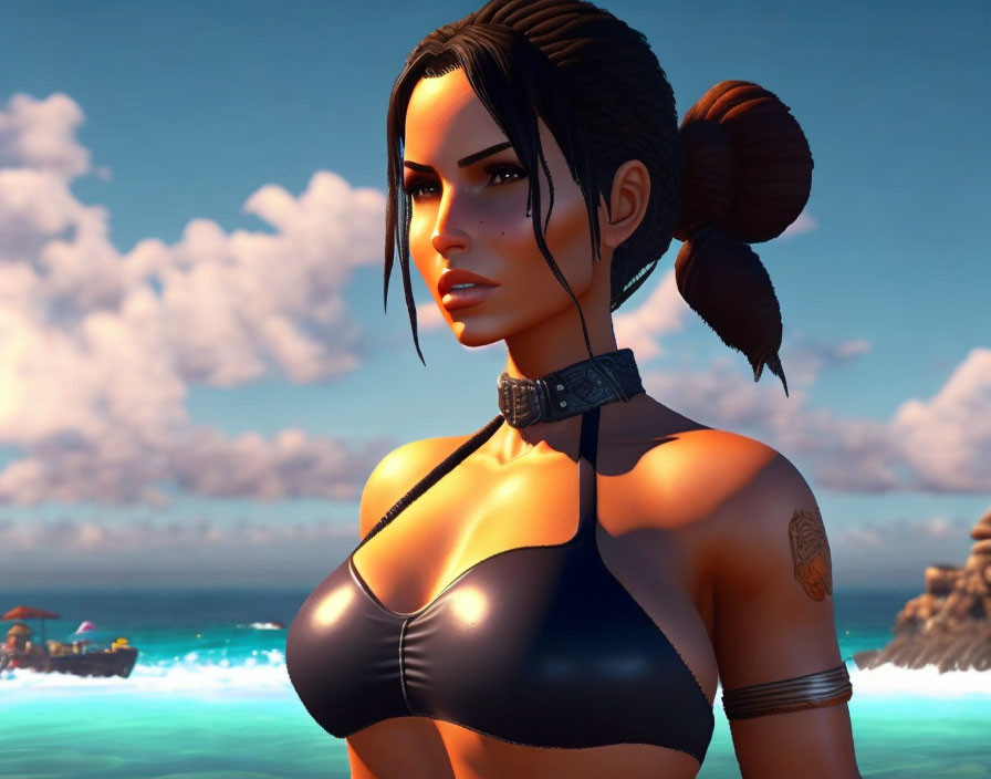 3D-rendered female character with double bun hairstyle, black bikini, choker, tattoo, beach