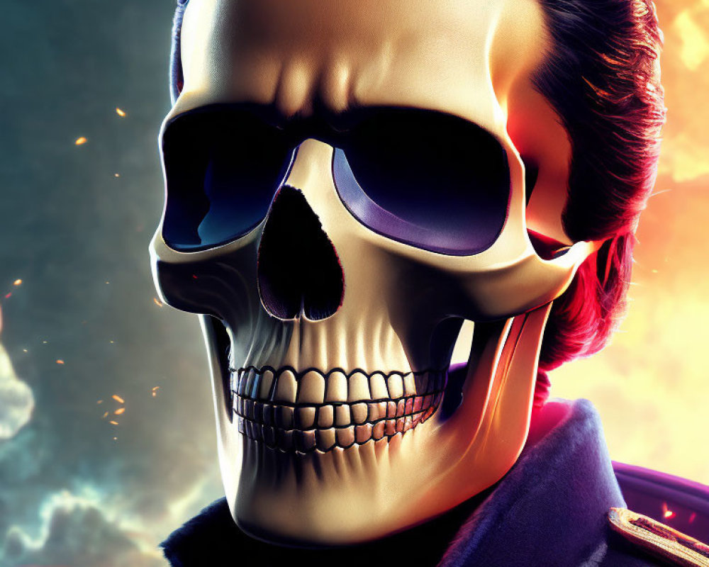 Skull with Sunglasses and Pompadour in Military Uniform on Fiery Background