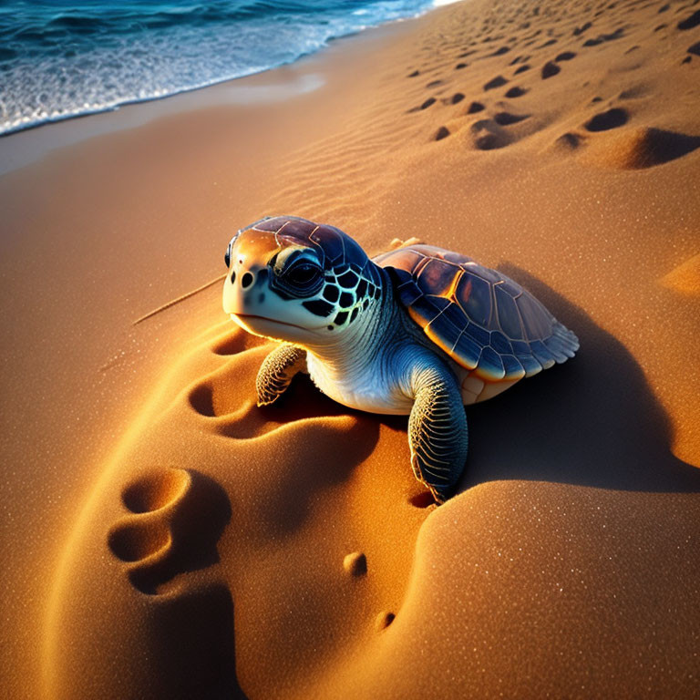 Baby sea turtle on sandy beach under warm sun glow