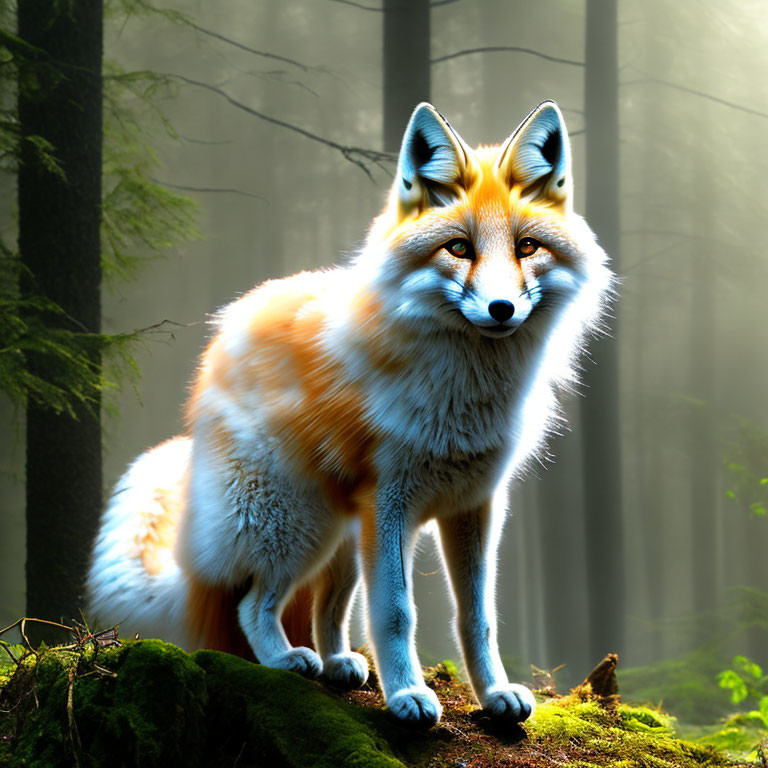 Red fox in misty forest with sunlight highlighting fur