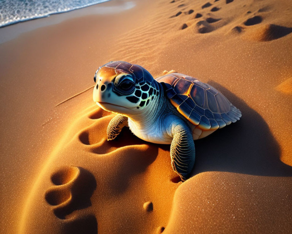 Baby sea turtle on sandy beach under warm sun glow