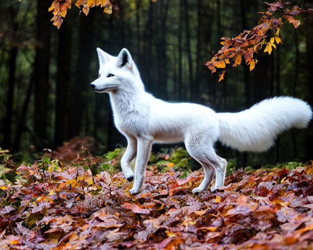 White Fox Among Autumn Leaves in Forest