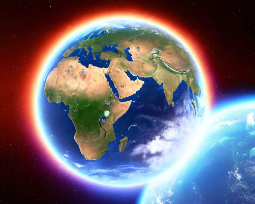 Digital illustration of Earth with Africa visible, glowing atmosphere in space