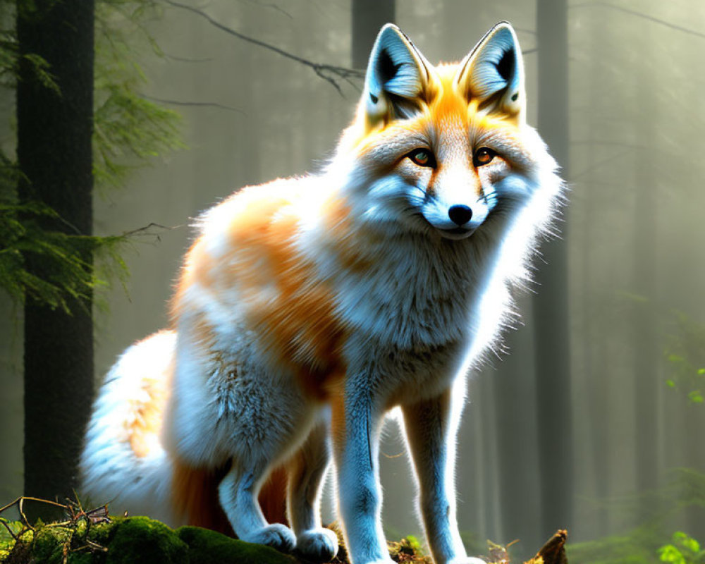 Red fox in misty forest with sunlight highlighting fur