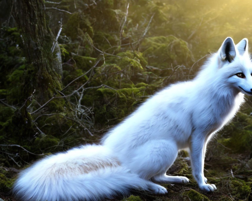 White fox in mossy forest with sunlight filtering through trees