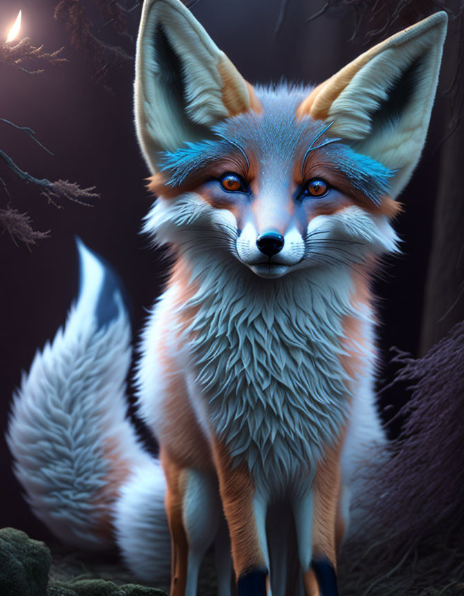 Stylized fox digital illustration with blue accents in forest setting