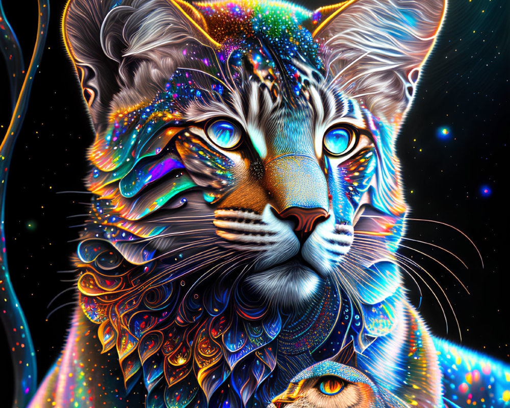Colorful Psychedelic Lion Art with Owl in Mane & Starry Background