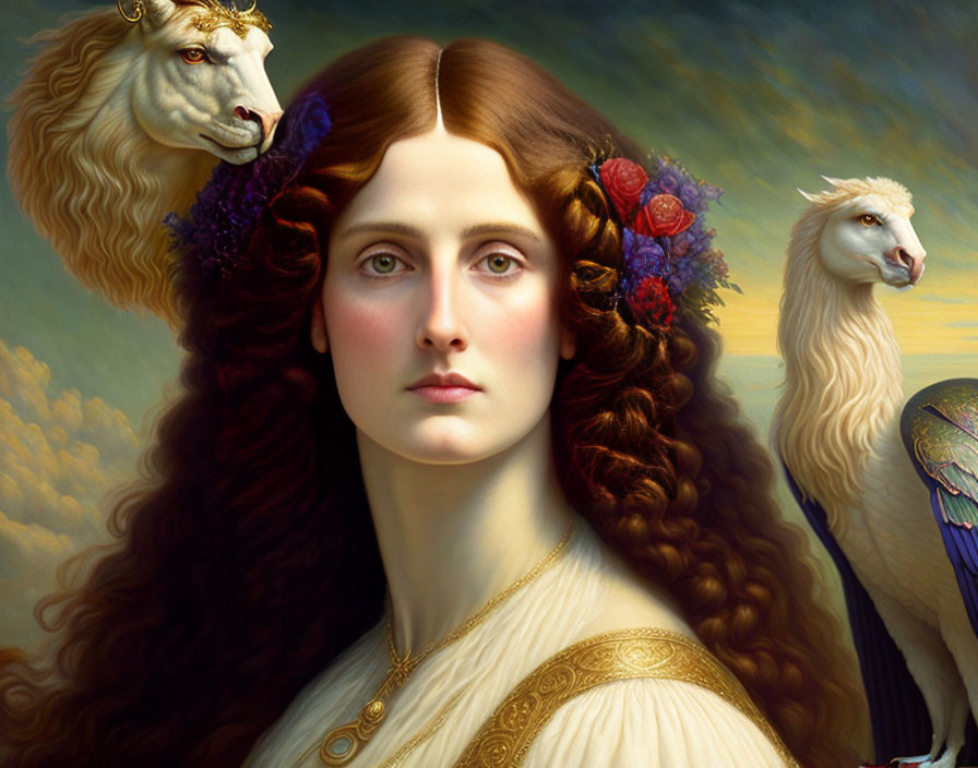 Portrait of woman with red hair and flowers, accompanied by sheep heads with golden fleece under cloudy sky