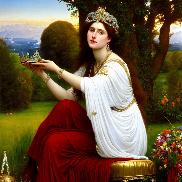 Historical attire woman holding crown in serene landscape