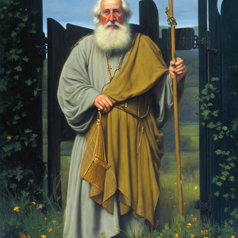 Elderly man in robe with lantern and staff by open gate