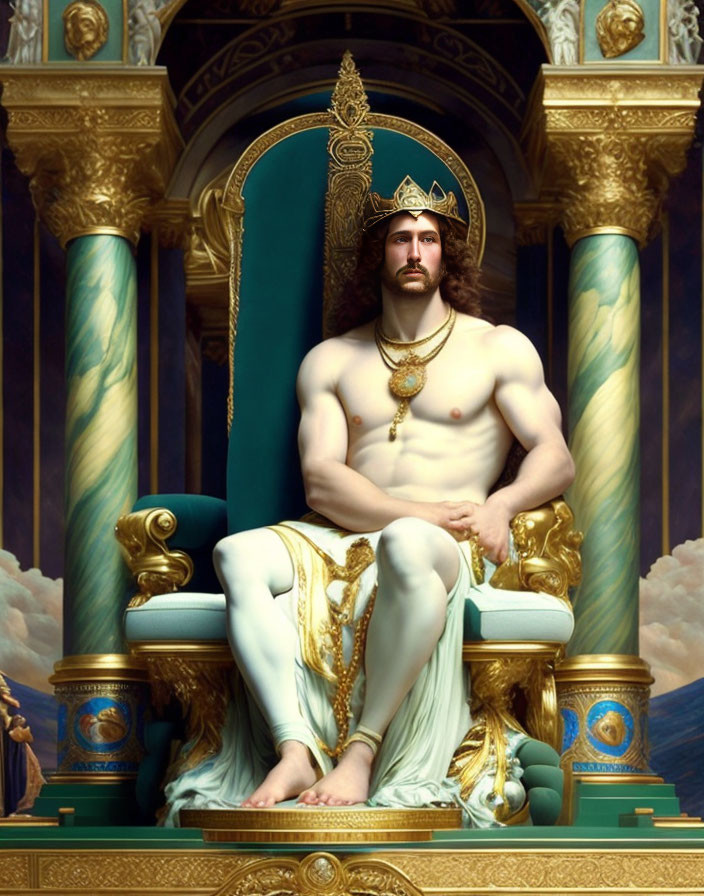 Regal man with crown and jewelry on ornate throne