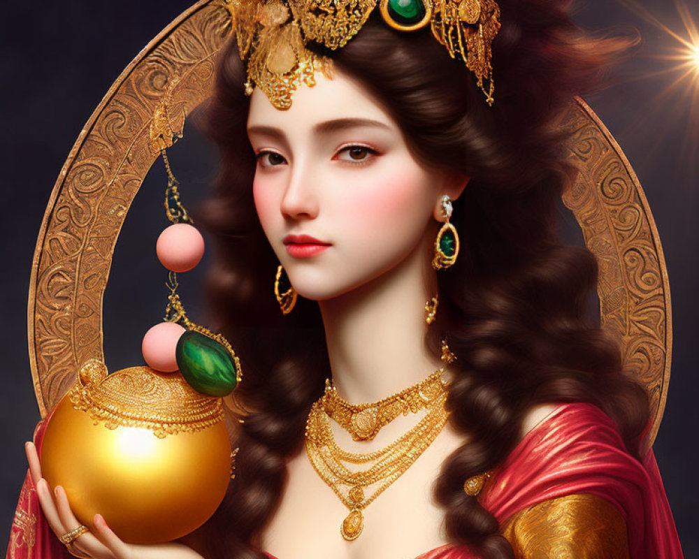 Woman in ornate golden headdress with mystical aura and orb on dark background