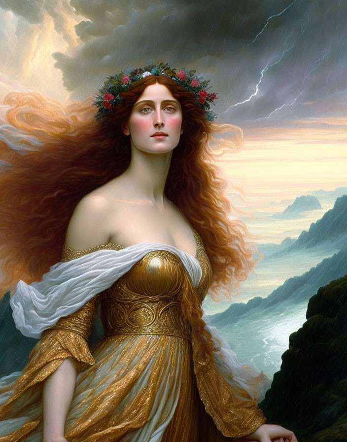 Woman with flowing red hair and gold attire, gazing at stormy skies above rugged coastline.