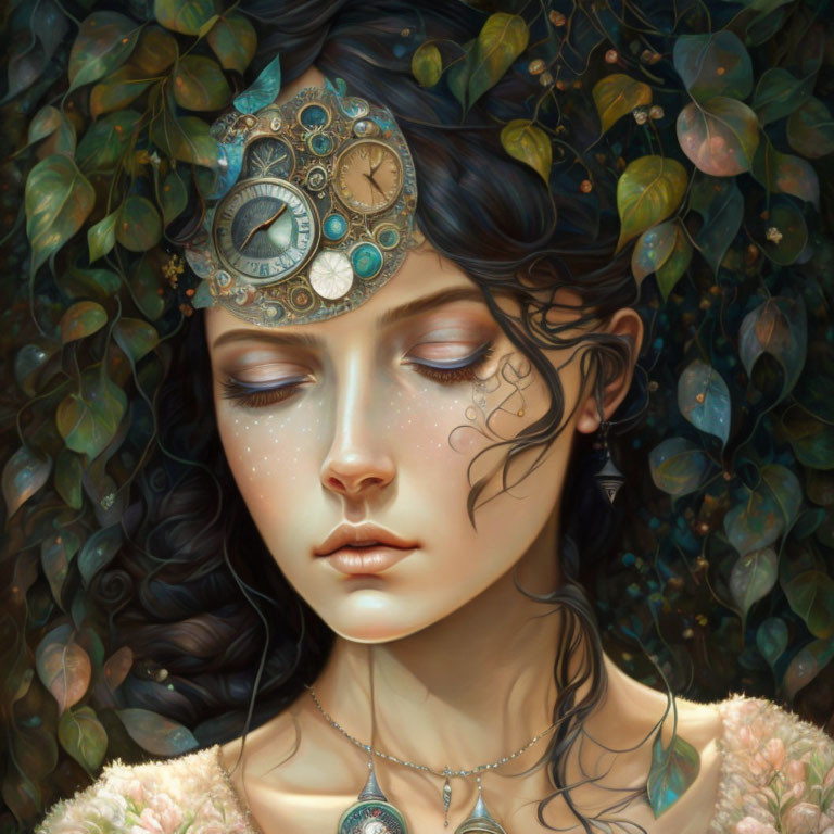 Clockwork headpiece adorns woman in lush greenery.