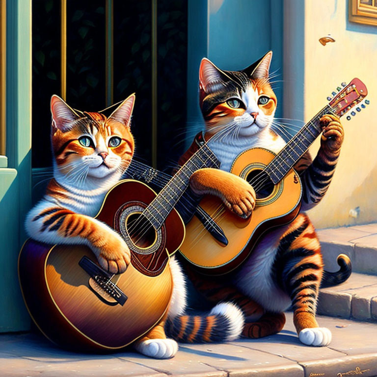 Cartoon cats with human-like features playing guitars by a doorstep