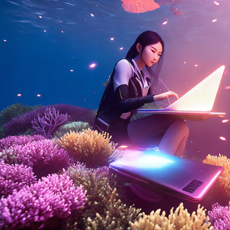 Digital illustration: Woman with glowing laptop underwater amid vibrant coral reefs and fish