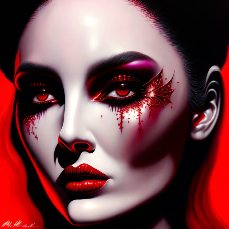 Dramatic red and black makeup digital portrait of a woman