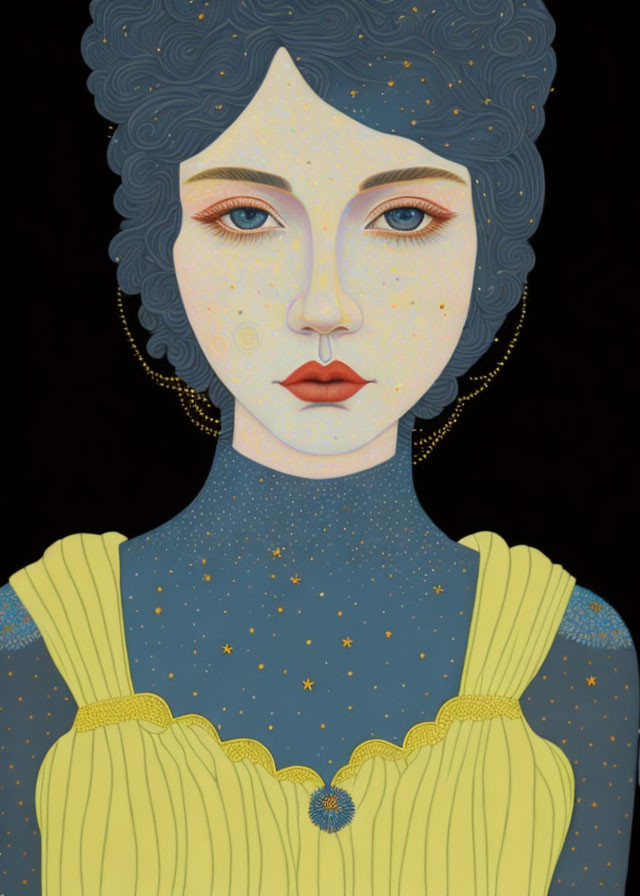 Blue-skinned woman with starry yellow dress on dark starry background