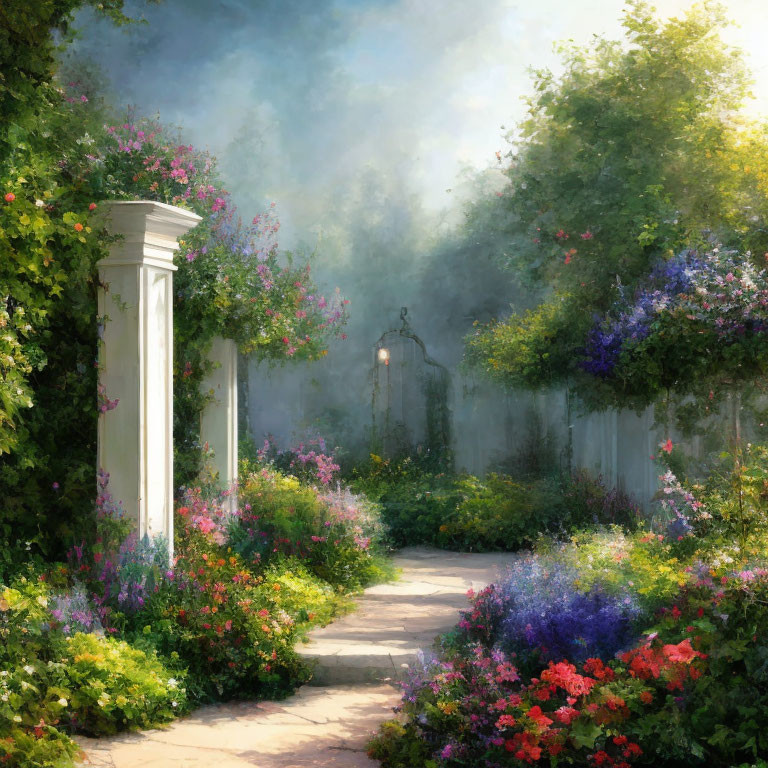 Tranquil garden pathway with vintage lamp post and misty light