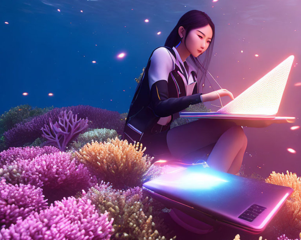 Digital illustration: Woman with glowing laptop underwater amid vibrant coral reefs and fish