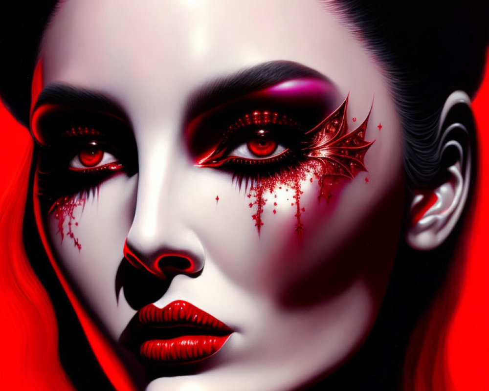 Dramatic red and black makeup digital portrait of a woman