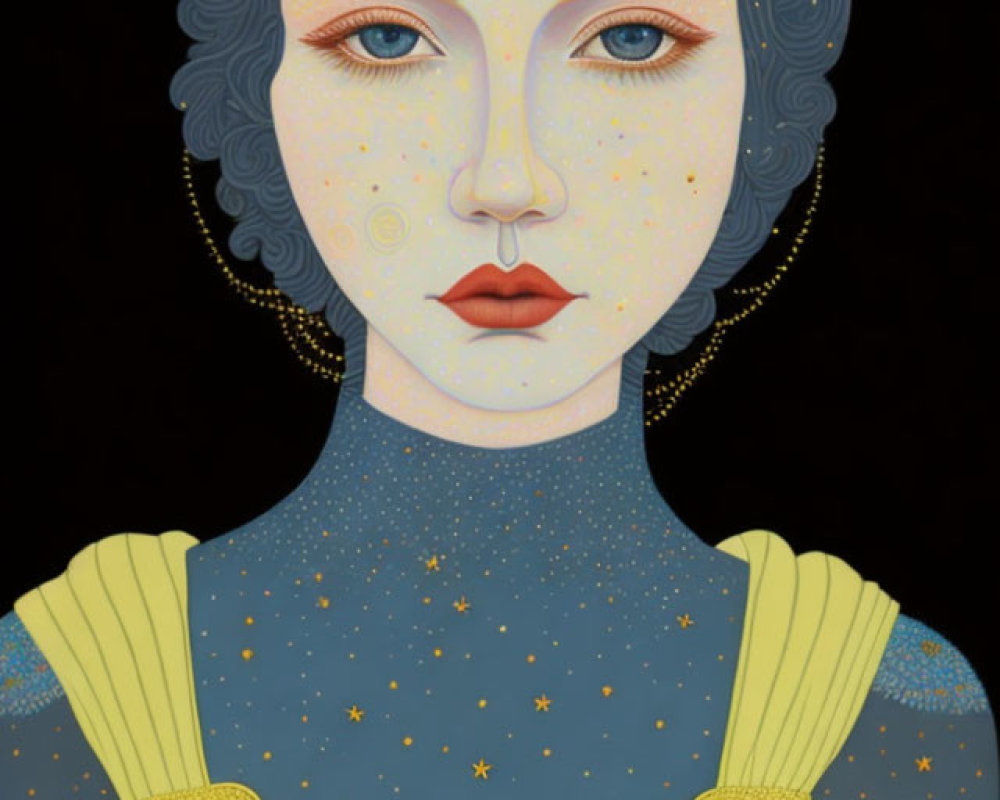 Blue-skinned woman with starry yellow dress on dark starry background