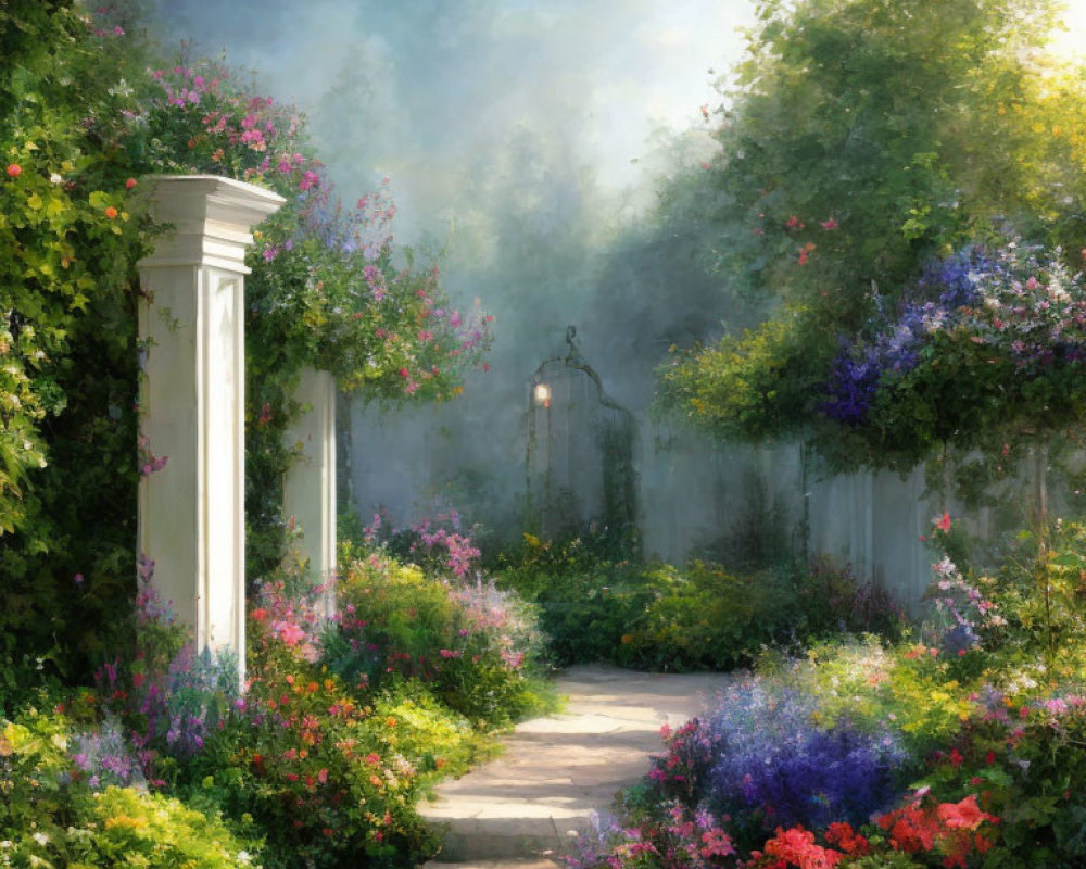 Tranquil garden pathway with vintage lamp post and misty light