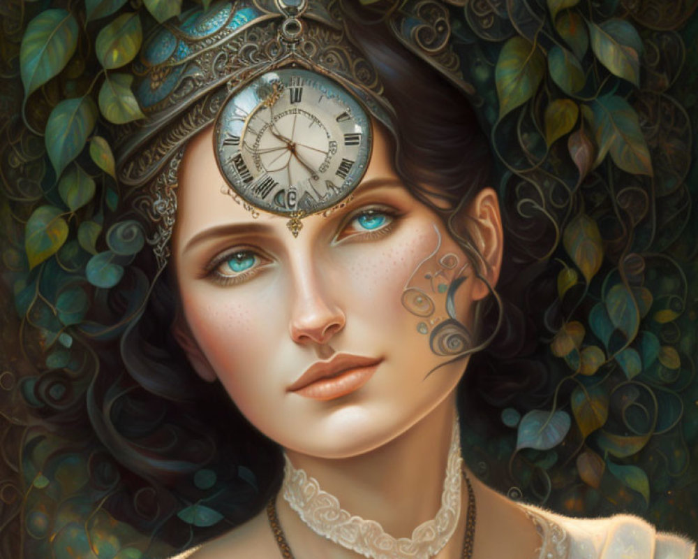 Digital painting of woman with clock elements in eye, surrounded by lush foliage