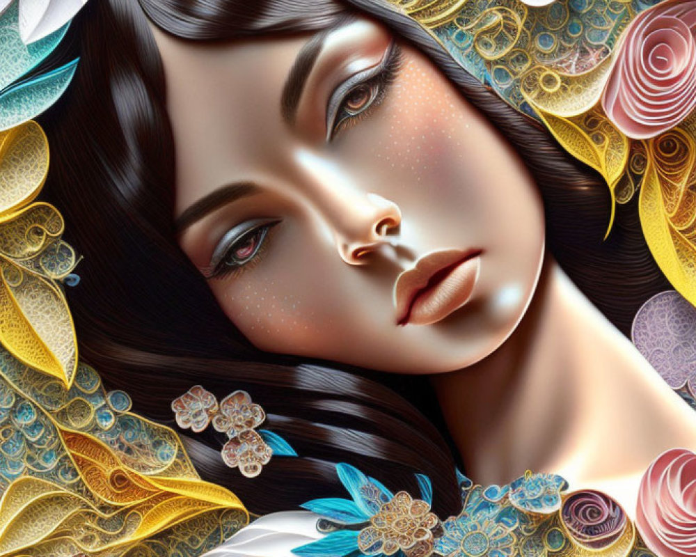 Detailed woman illustration with vibrant floral patterns and serene expression
