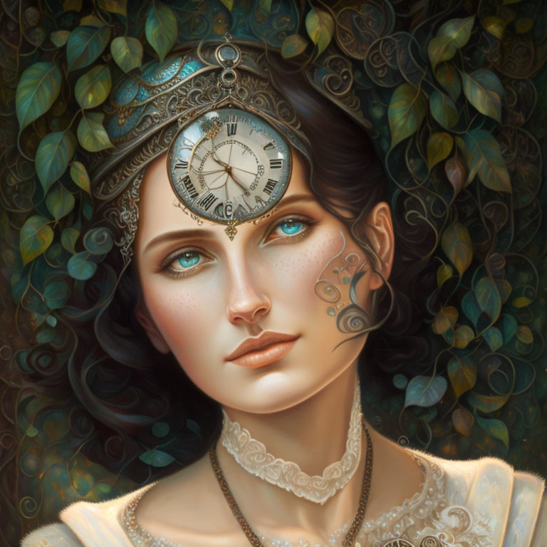Digital painting of woman with clock elements in eye, surrounded by lush foliage