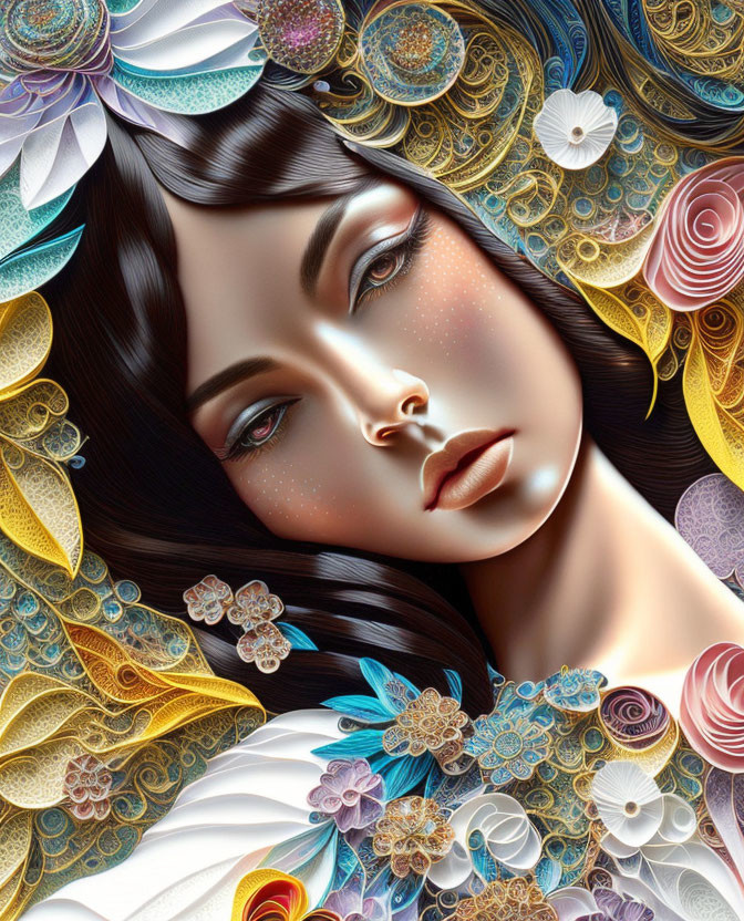 Detailed woman illustration with vibrant floral patterns and serene expression