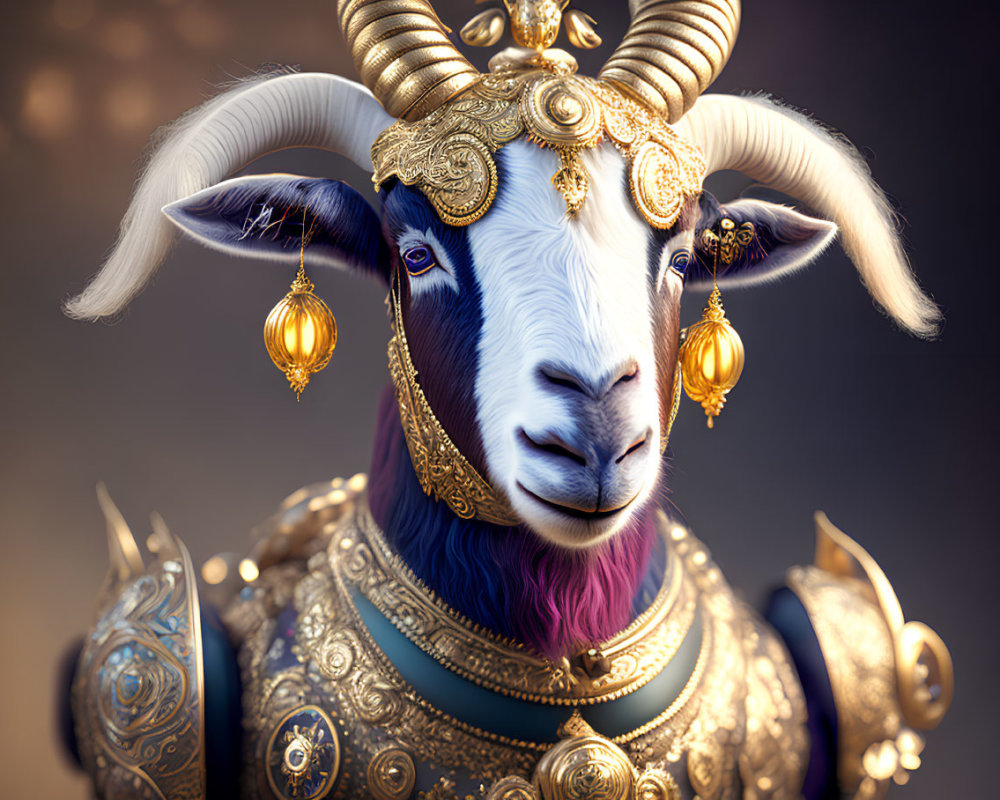 Majestic goat with golden ornaments and purple fur