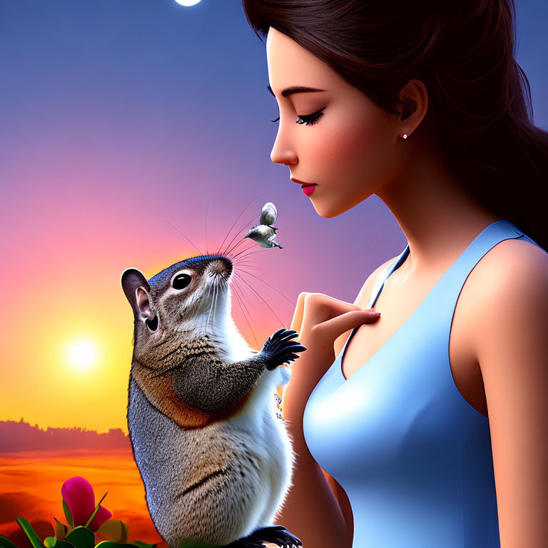 Woman interacting with squirrel holding flower at sunset
