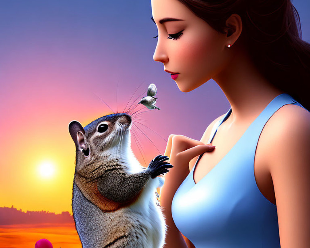 Woman interacting with squirrel holding flower at sunset