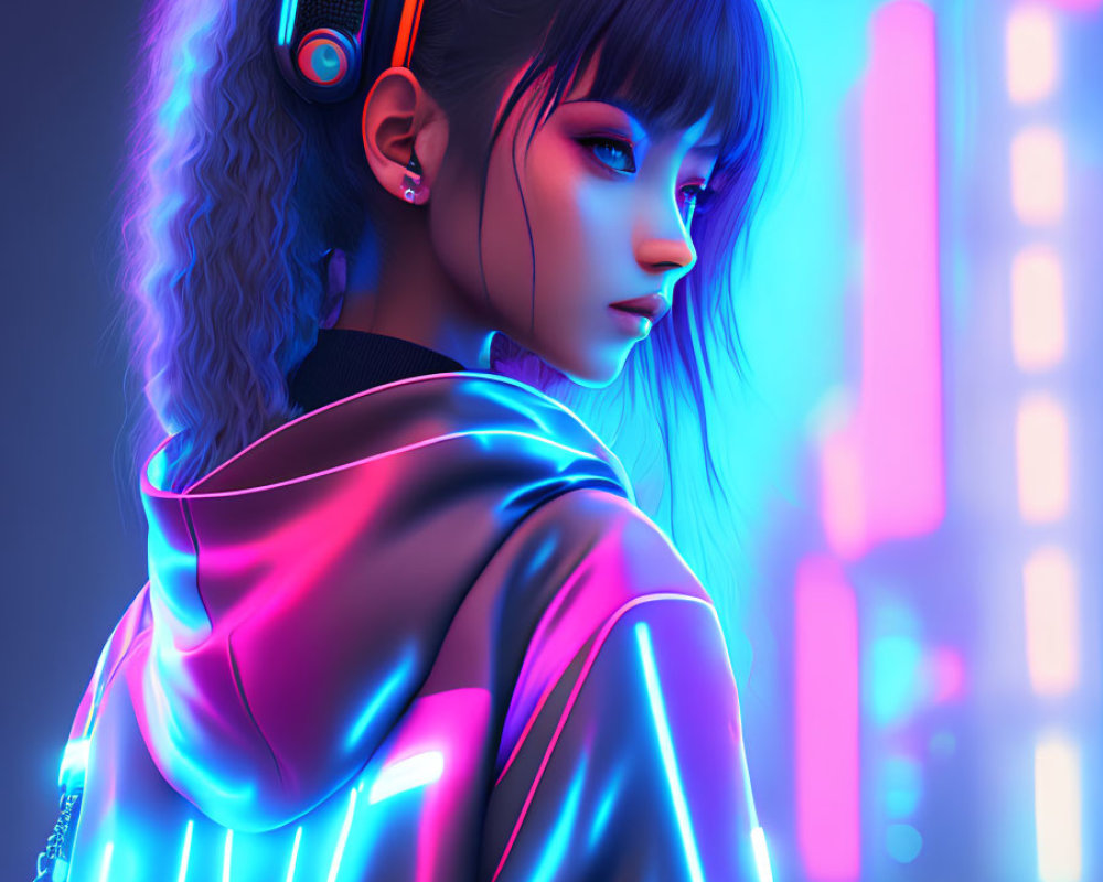 Digital Artwork: Woman with Neon Lighting and Futuristic Cityscape