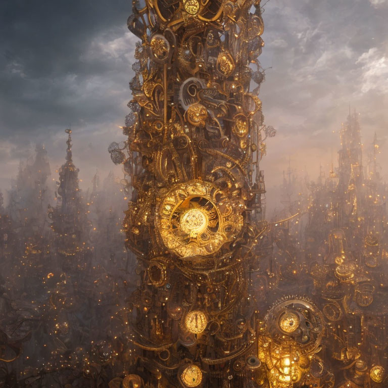Fantastical cityscape with golden gears and clockwork structures under dramatic sky