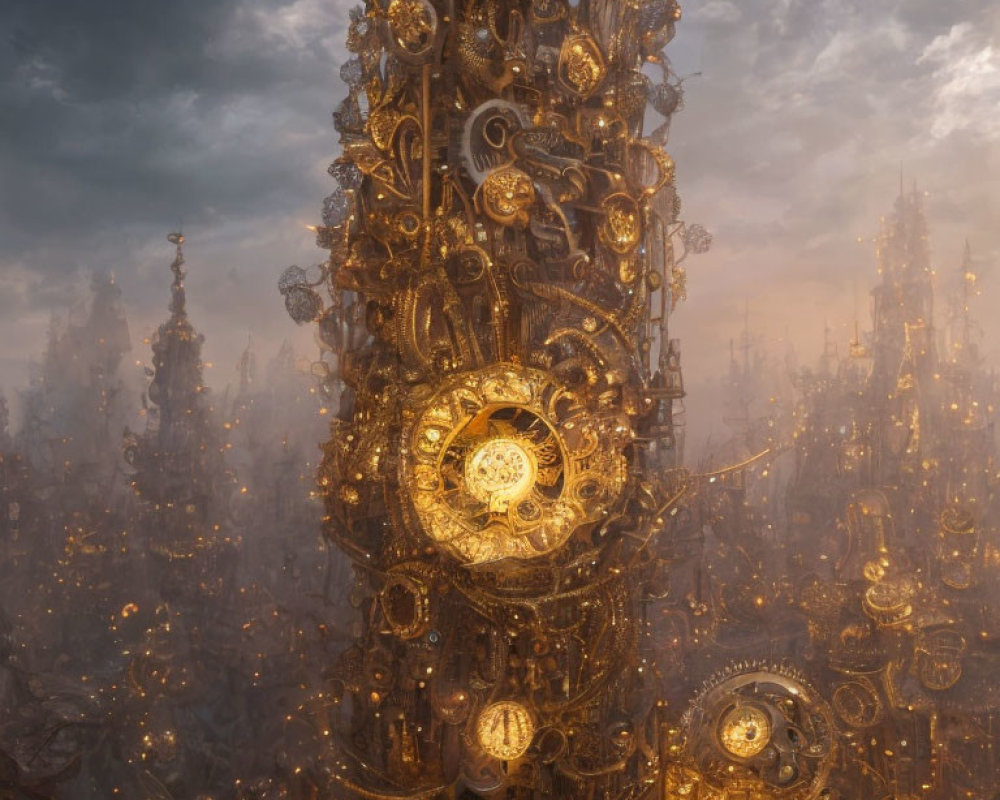 Fantastical cityscape with golden gears and clockwork structures under dramatic sky