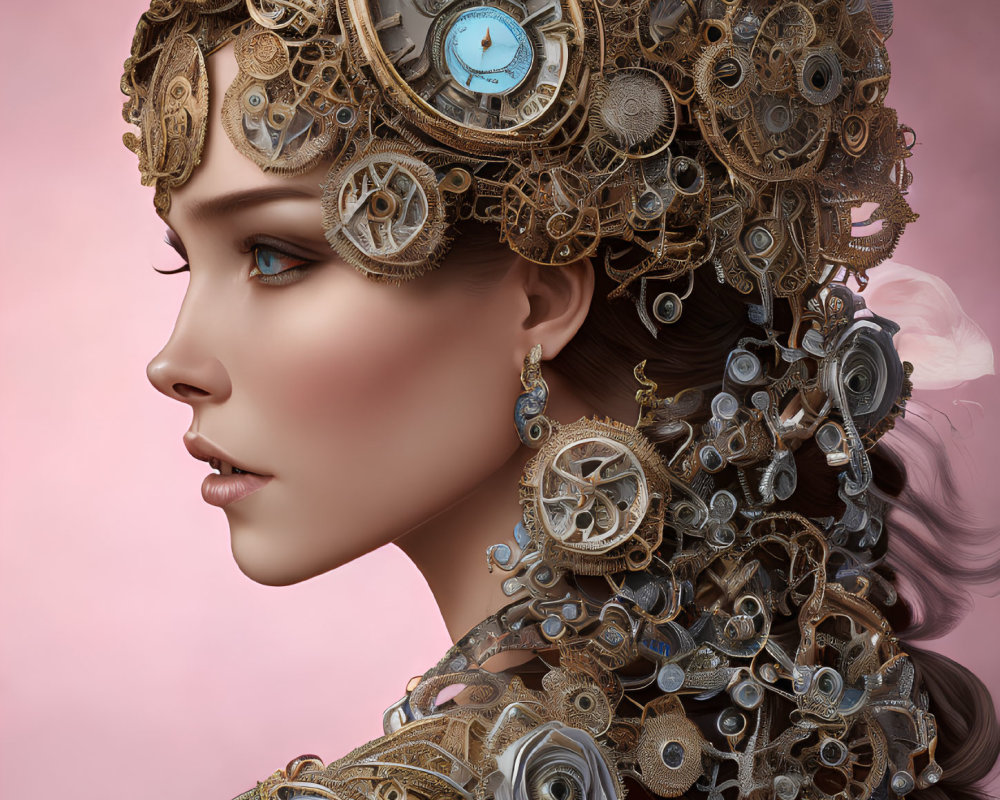 Steampunk-inspired woman with clock headgear on pink background