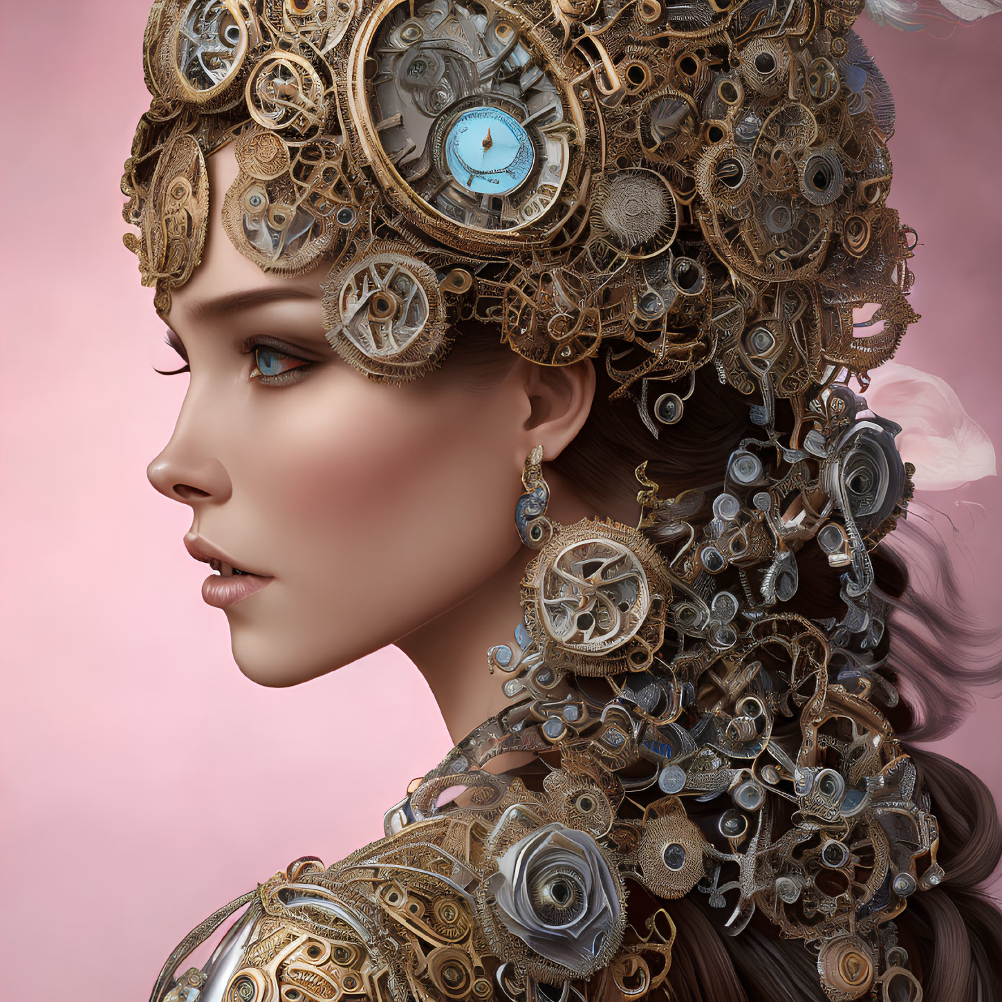 Steampunk-inspired woman with clock headgear on pink background