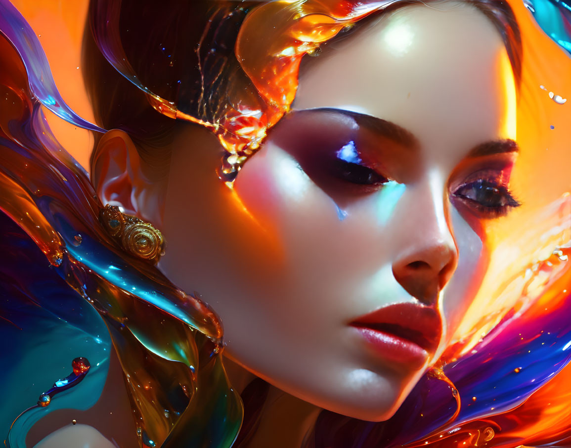 Colorful liquid art flows over woman's face in close-up portrait
