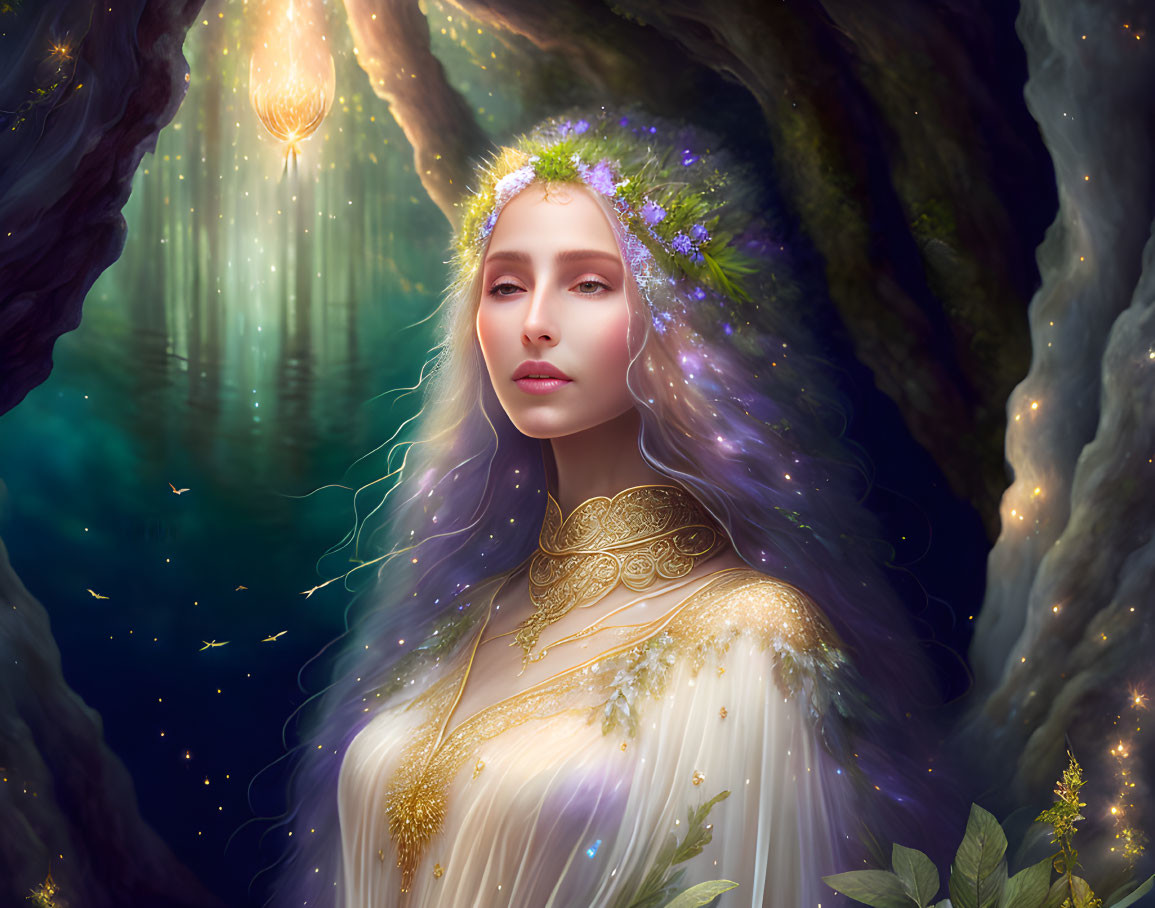 Violet-haired woman in floral crown in mystical forest scene