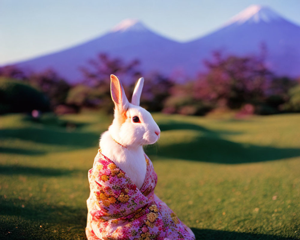 Rabbit in floral kimono with Mount Fuji at sunset