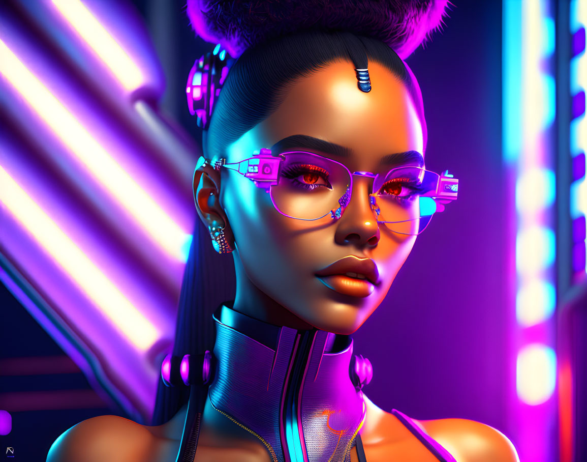 Futuristic digital artwork: Woman in neon cyberpunk attire