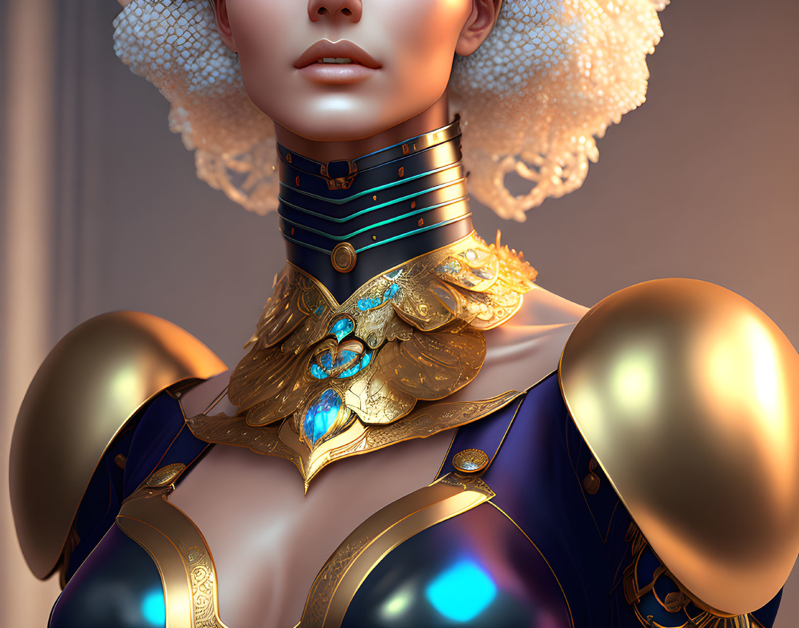 Detailed 3D illustration of female figure in golden armor with blue gemstones