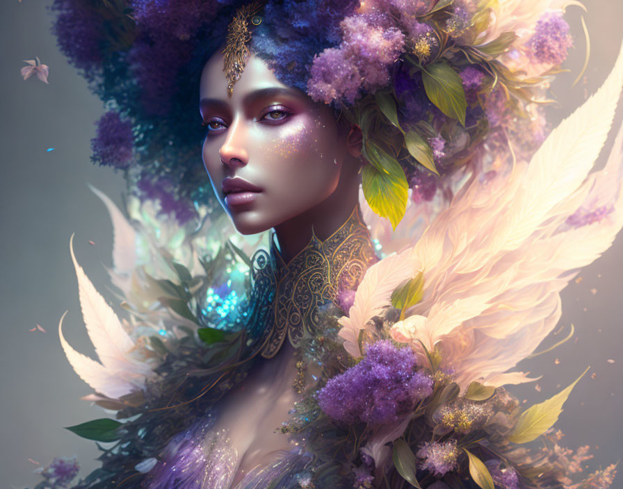 Woman with floral headdress and glowing skin in mystical setting