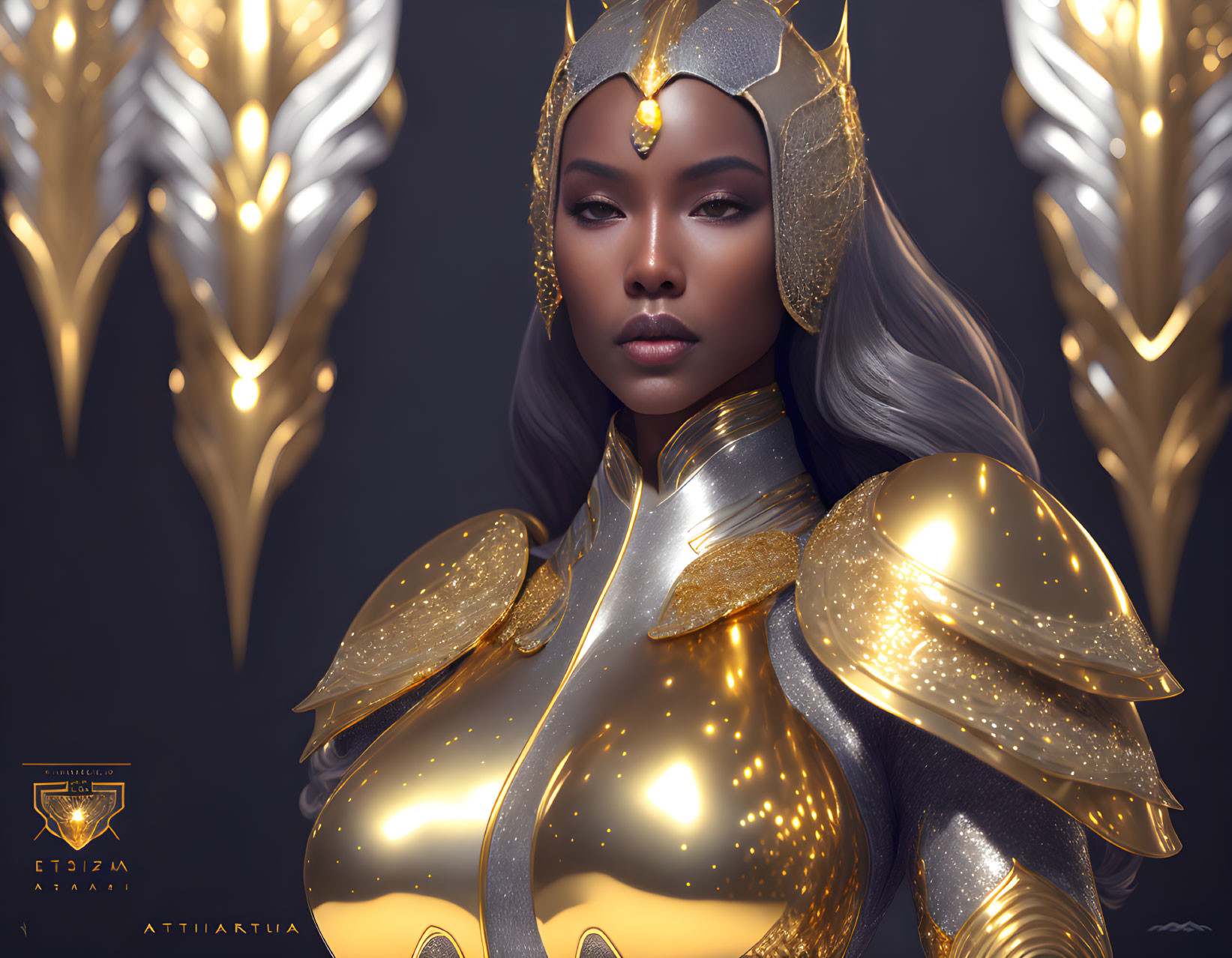 Digital artwork: Woman in golden armor and headdress, intricate designs, grey background