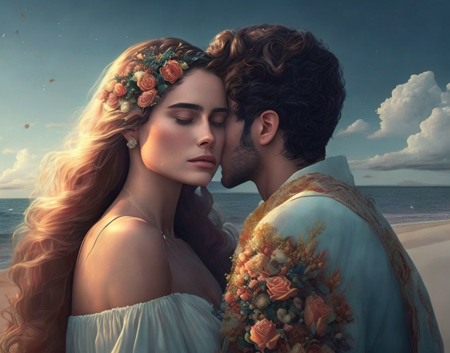 Couple Embracing by the Sea with Floral Crown and Jacket