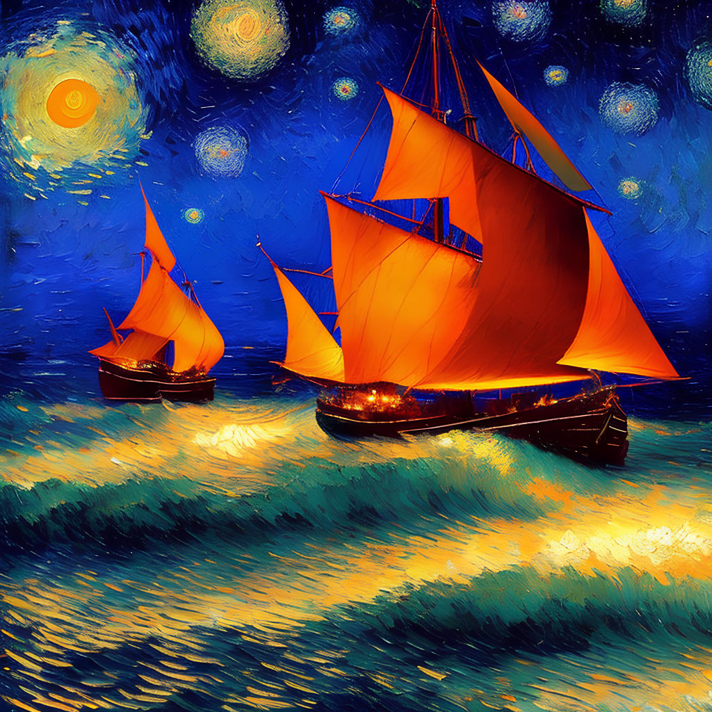 Colorful Van Gogh-style painting: Orange sailboats on wavy sea under starry night sky