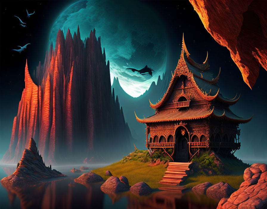 Fantasy landscape with Asian-style pagoda by rocky shore at night